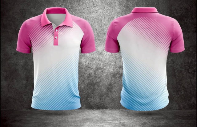 เสื้อโปโลพิมพ์ลายไล่สีชมพู-ขาว-ฟ้า แนวทแยง ดีไซน์ทันสมัยสำหรับทีมกีฬา