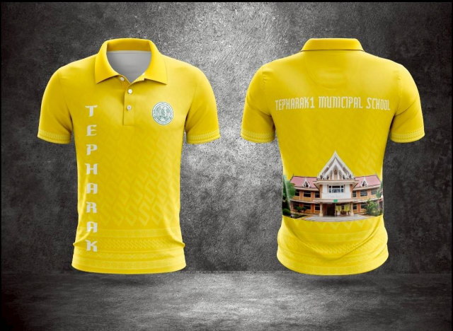 เสื้อโปโลสีเหลืองพิมพ์ลายไทยและรูปอาคารโรงเรียน เทพารักษ์ 1 มินิซิพัล สคูล