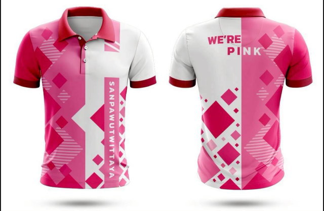 เสื้อโปโลพิมพ์ลายสีชมพูขาว ลายเรขาคณิต WE'RE PINK สำหรับงานกีฬาสี โรงเรียนสรรพาวุธวิทยา