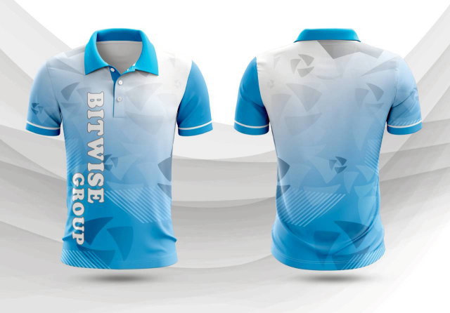 เสื้อโปโลพิมพ์ลายกราฟิกสีฟ้าขาว พิมพ์ชื่อ BITWISE GROUP สำหรับเสื้อพนักงานหรือเสื้อทีม