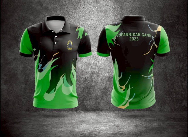 เสื้อโปโลพิมพ์ลายสีดำ-เขียว ดีไซน์ Supannikar Game 2023 ลายกราฟิกเปลวไฟสีเขียวสดใส