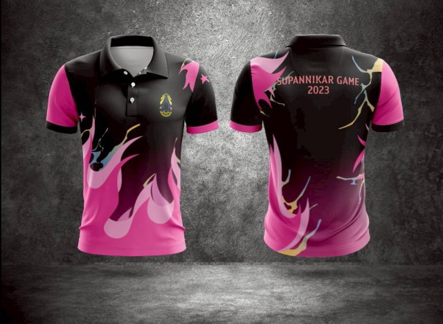 เสื้อโปโลพิมพ์ลายสีดำ-ชมพู ดีไซน์ Supannikar Game 2023 ลายกราฟิกสีชมพูแนวสปอร์ต