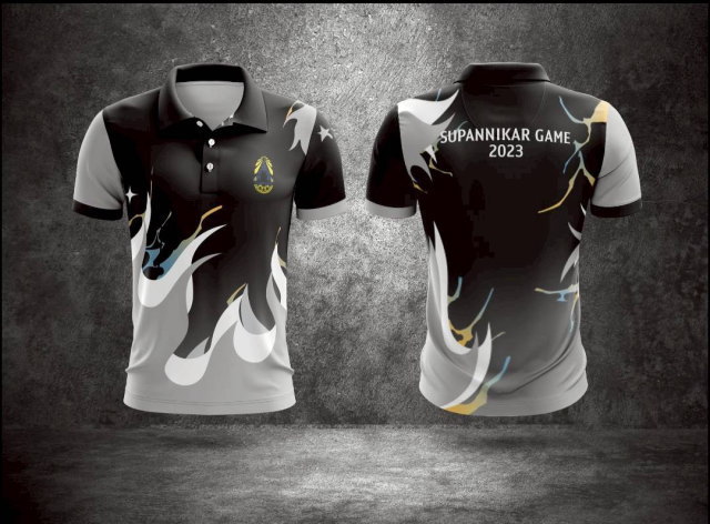 เสื้อโปโลพิมพ์ลายสีดำ-เทาขาว ดีไซน์ Supannikar Game 2023 เรียบหรูดูเท่สไตล์สปอร์ต