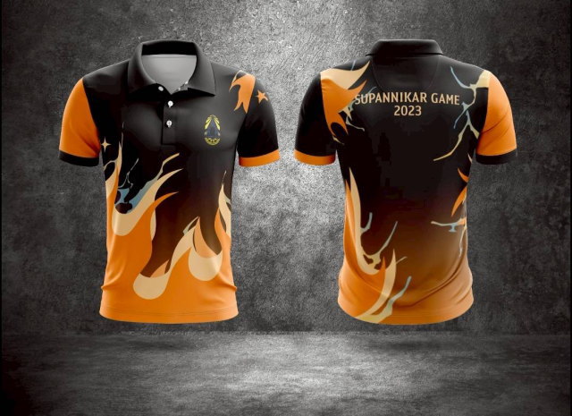 เสื้อโปโลพิมพ์ลายสีดำ-ส้ม ดีไซน์ Supannikar Game 2023 กราฟิกสีส้มสดใสตัดกับพื้นเสื้อสีดำ