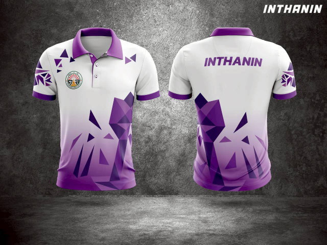 เสื้อโปโลกีฬาสีม่วงขาว ลายกราฟิกเรขาคณิต ทีม Inthanin