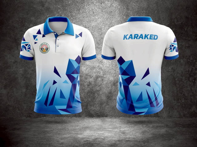 เสื้อโปโลกีฬาสีฟ้าขาว ดีไซน์ทันสมัย ลายกราฟิก ทีม Karaked