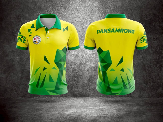 เสื้อโปโลสีเหลืองเขียว ลายกราฟิกสามเหลี่ยม ทีม Dansamrong