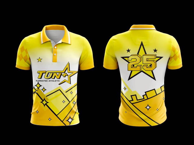 เสื้อกีฬาสีเหลืองพิมพ์ลายดาวเบอร์ 25 ดีไซน์ Kun natee Athletic Kun natee Athletic