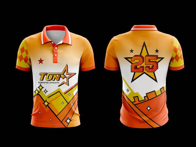 เสื้อกีฬาสีส้มไล่เฉดขาว ลายดาว Kun natee Athletic