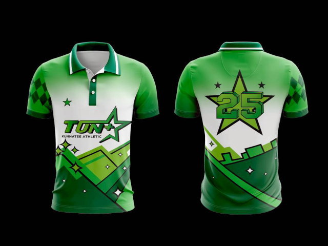 เสื้อกีฬาสีเขียวเข้ม พิมพ์ลายกราฟิกดาวสวยงาม สำหรับทีมกีฬา