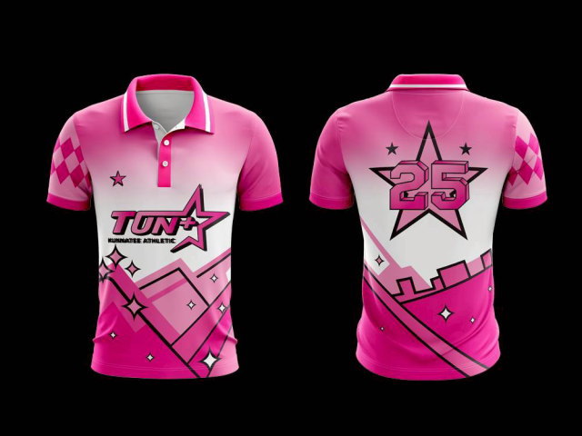 เสื้อกีฬาสีชมพูสดใส ลายดาวและเบอร์ 25 สำหรับงานกิจกรรม