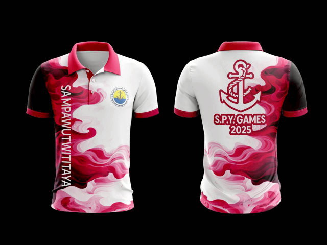 เสื้อกีฬาสีขาวแดง ลายพริ้วไหว ดีไซน์ทันสมัย พร้อมโลโก้สมอเรือ