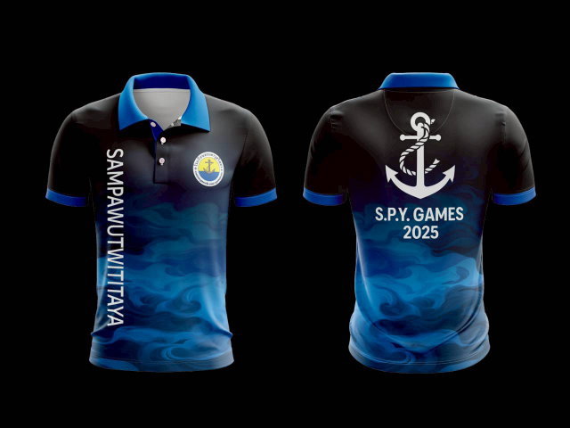 เสื้อโปโลกีฬาสีน้ำเงินเข้ม พิมพ์ลายกราฟิกสวยงาม สำหรับพนักงานและทีมงาน