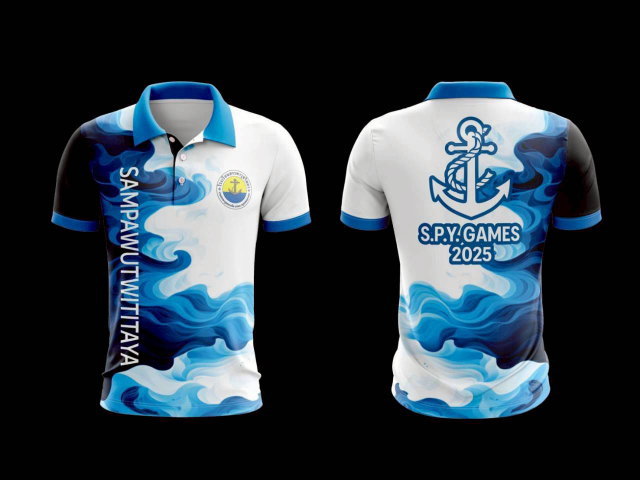 เสื้อกีฬาสีฟ้าขาว ลายคลื่นน้ำ สำหรับงานกีฬาสี S.P.Y. GAMES 2025