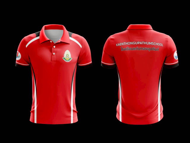 เสื้อโปโลกีฬาสีแดง แถบขาวดำ โรงเรียนแก่นทองอุปถัมภ์ ดีไซน์สปอร์ต