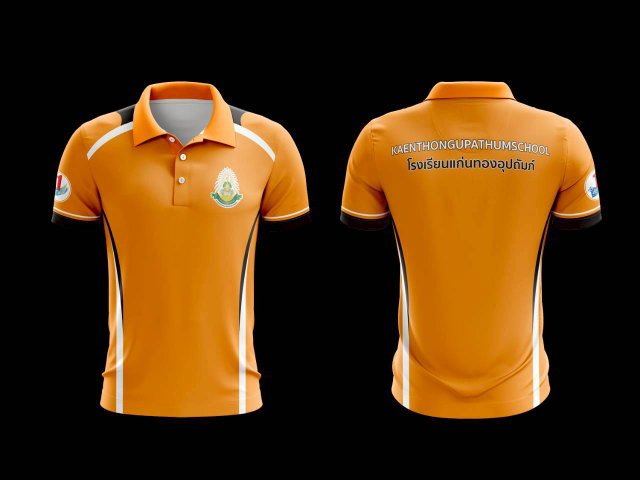 เสื้อโปโลกีฬาสีส้ม พิมพ์ลายโรงเรียนแก่นทองอุปถัมภ์ เนื้อผ้าระบายอากาศ