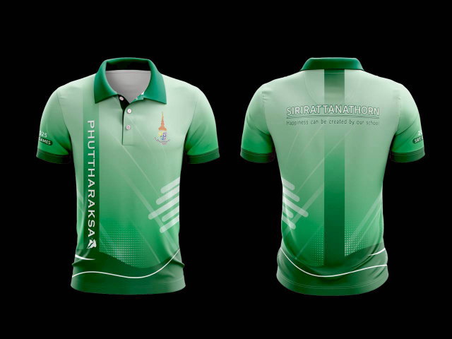 เสื้อโปโลสีเขียว ลายกราฟิก Phuttharaksa สำหรับงานกีฬาสี โรงเรียนศิริรัตนธร