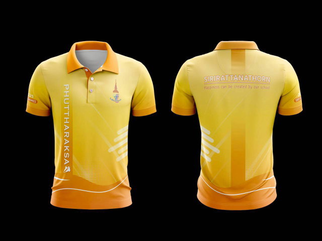 แบบเสื้อโปโลสีฟ้า กีฬาสีโรงเรียนสิริรัตนาธร พร้อมสกรีนชื่อโรงเรียนและคำขวัญ